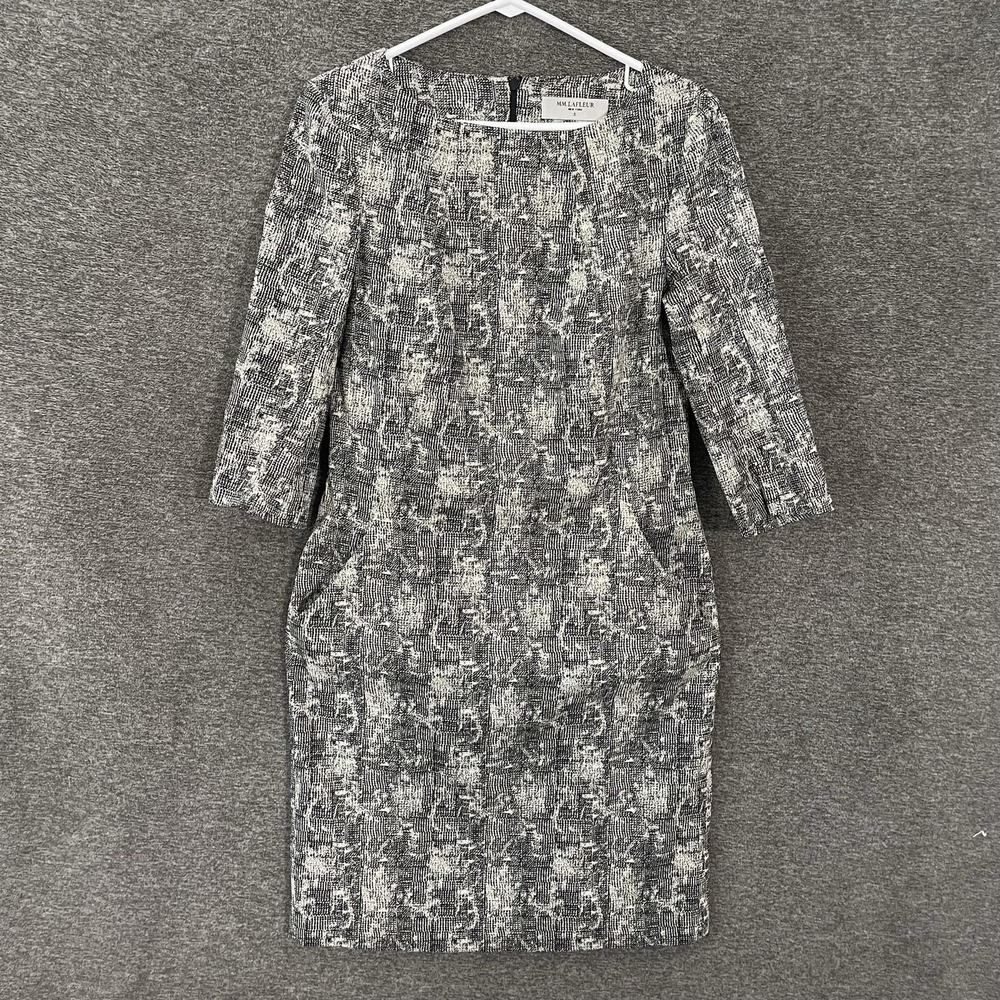 MM.LaFleur Dress Womens 8 Gray Jacquard Sheath 3/4 Sleeve Knee Length Work